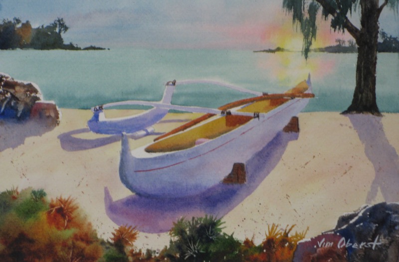 landscape beach hawaii kauai outrigger canoe sea boat original watercolor painting